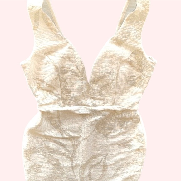 Windsor Cream Silver Gold Jacquard Dress Deep Plunge Backless Boned Bodice Sz S - Picture 14 of 15